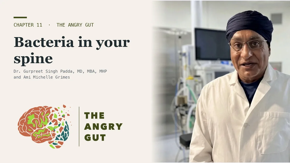 Title card for Your Gut Is Reaching Your Spine, The Angry Gut Chapter 11, with Dr. Padda presenting