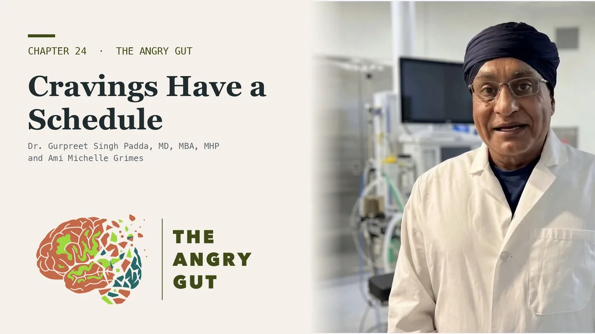 Dr. Gurpreet Singh Padda presenting beside the title card Your Sugar Craving Has a Schedule, The Angry Gut, Chapter 24