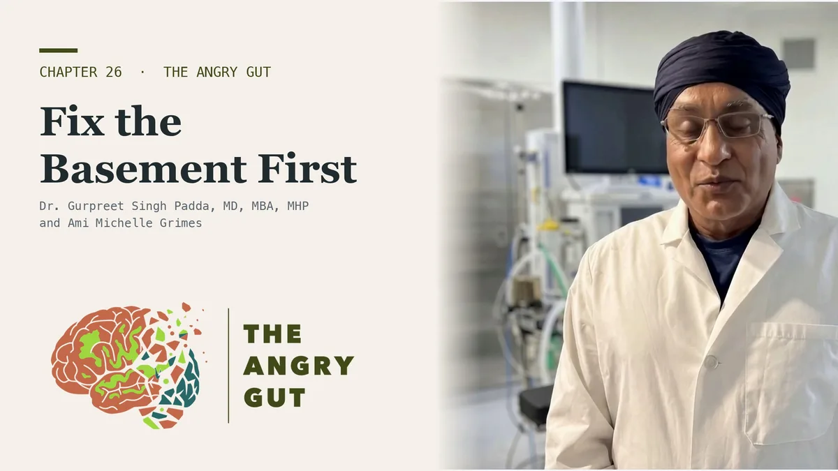 Dr. Gurpreet Singh Padda beside the title card Mold Illness: Fix the Basement, Skip the Panel, The Angry Gut, Chapter 26