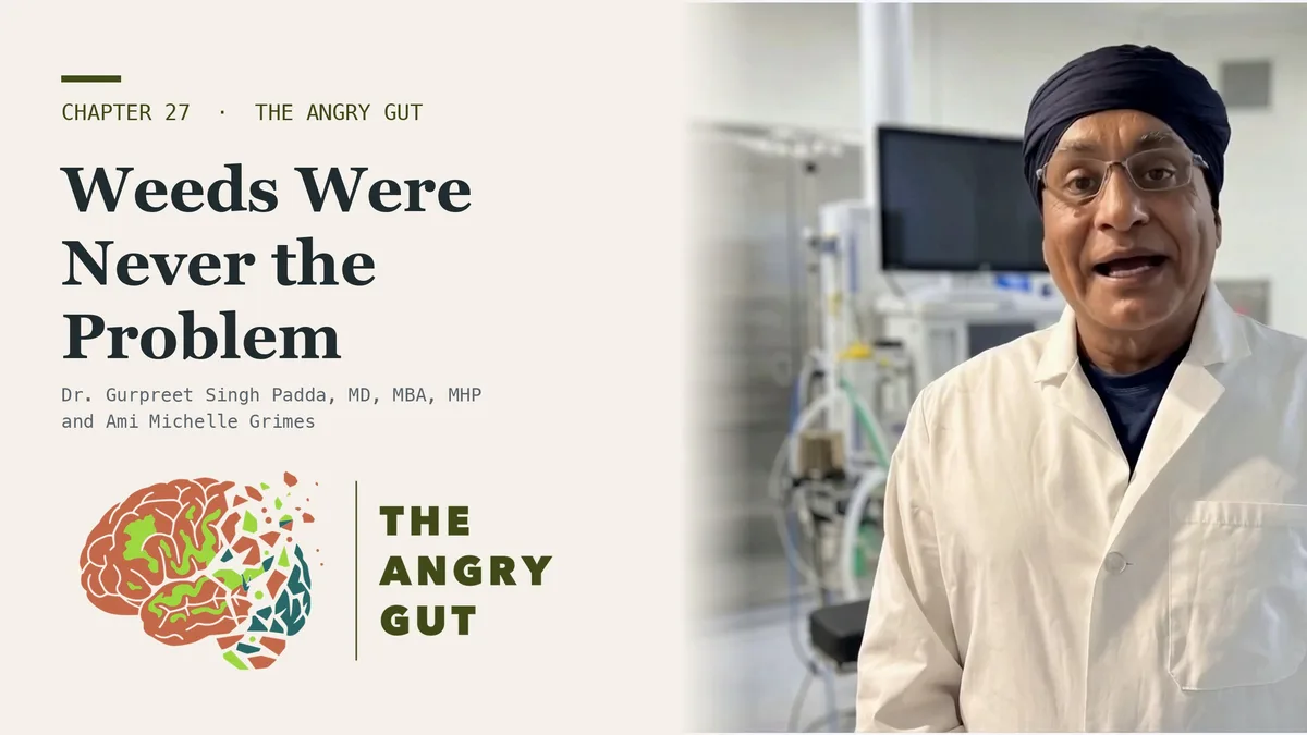 Dr. Gurpreet Singh Padda beside the title card The Weeds Were Never the Problem, The Angry Gut, Chapter 27