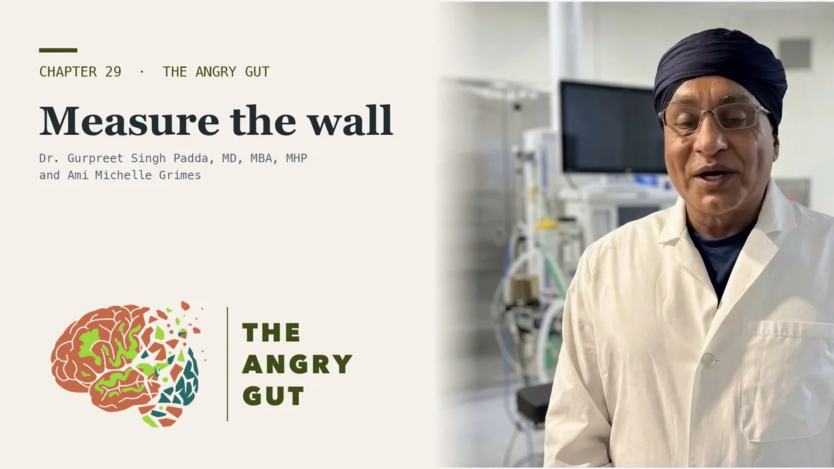 Dr. Gurpreet Singh Padda beside the title card reading A Plateau Is Not a Personality, The Angry Gut, Chapter 29
