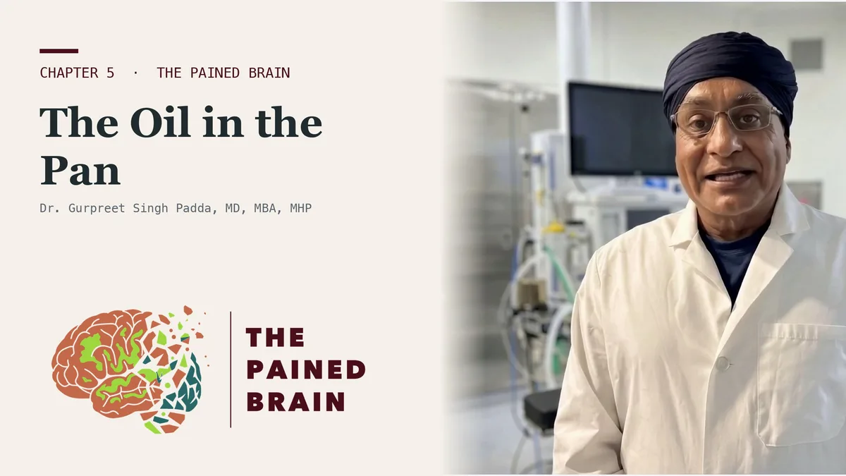 Dr. Gurpreet Singh Padda presenting beside the title card reading Your Diet Is Manufacturing Your Pain, The Pained Brain, Chapter 5