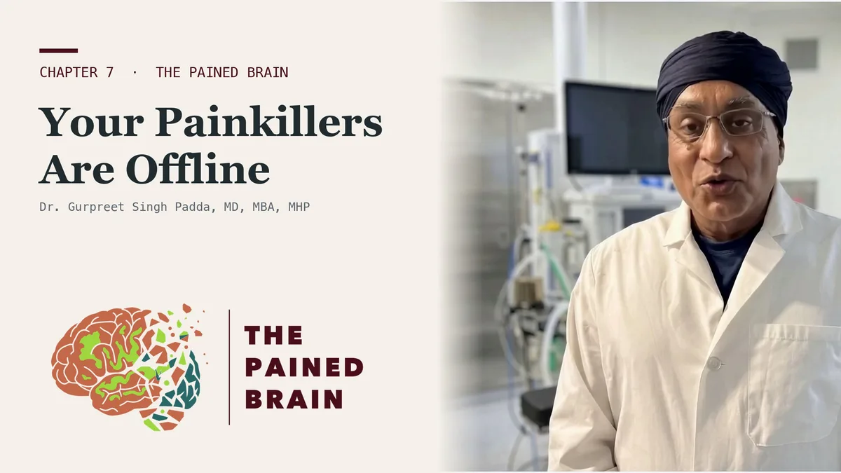 Dr. Padda presenting beside the chapter title card reading Why Pain Is Worst at 3 a.m., The Pained Brain, Chapter 7