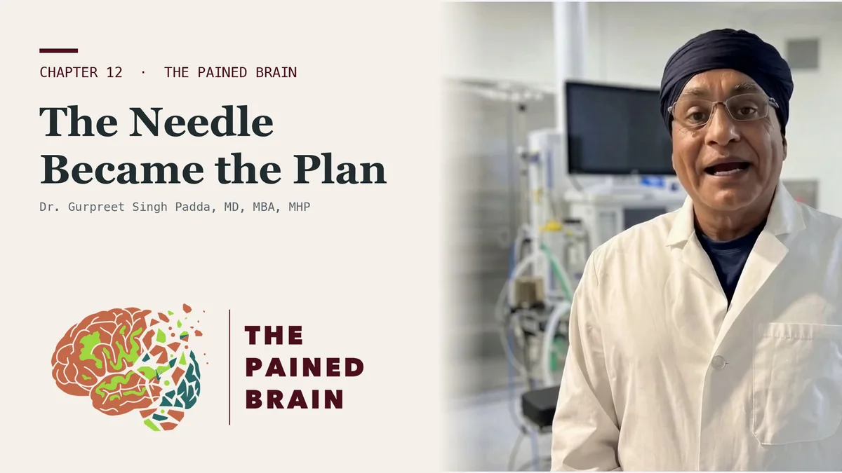 Dr. Gurpreet Singh Padda presenting beside the Chapter 12 title card of The Pained Brain