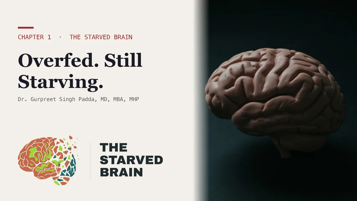 Dr. Gurpreet Singh Padda beside the title card reading Overfed and Starving, The Starved Brain, Chapter 1