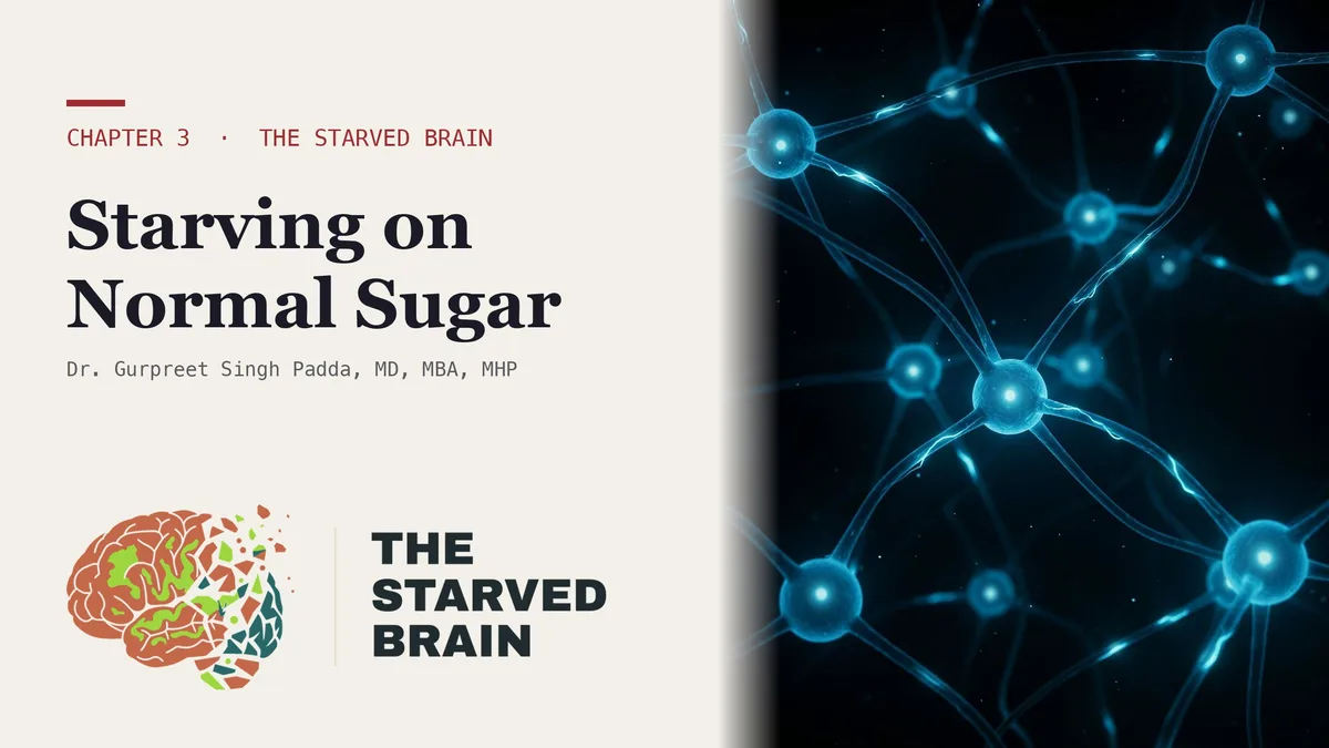 Title card for The Starved Brain Chapter 3 video: Dr. Gurpreet Singh Padda with the title Your Brain Can Starve With Normal Blood Sugar