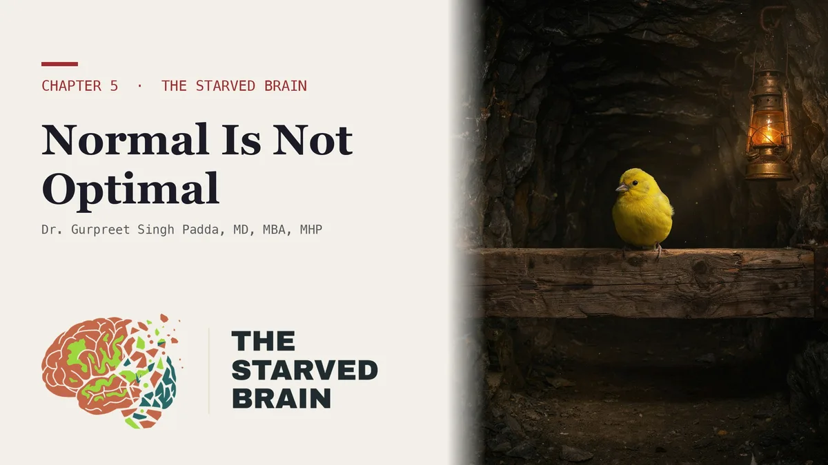 Dr. Gurpreet Singh Padda beside the Chapter 5 title card of The Starved Brain reading Your Lab Says Normal. Your Brain Is Shrinking.