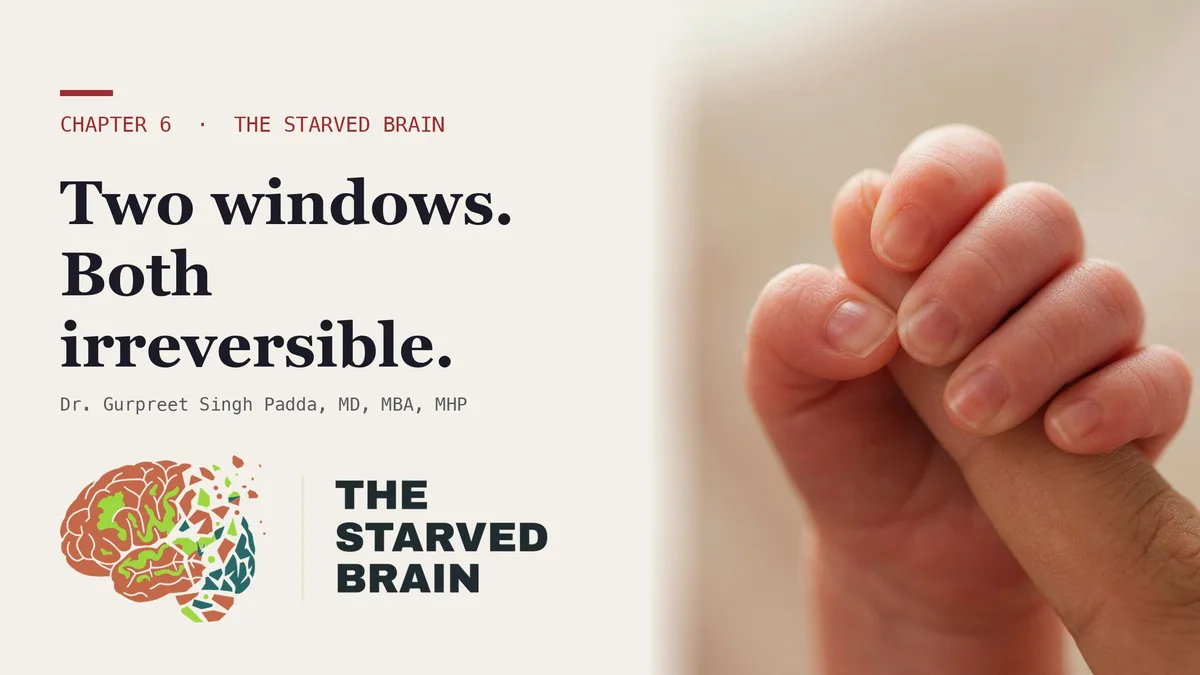 Dr. Gurpreet Singh Padda beside the Chapter 6 title card of The Starved Brain reading Two Windows That Never Reopen.